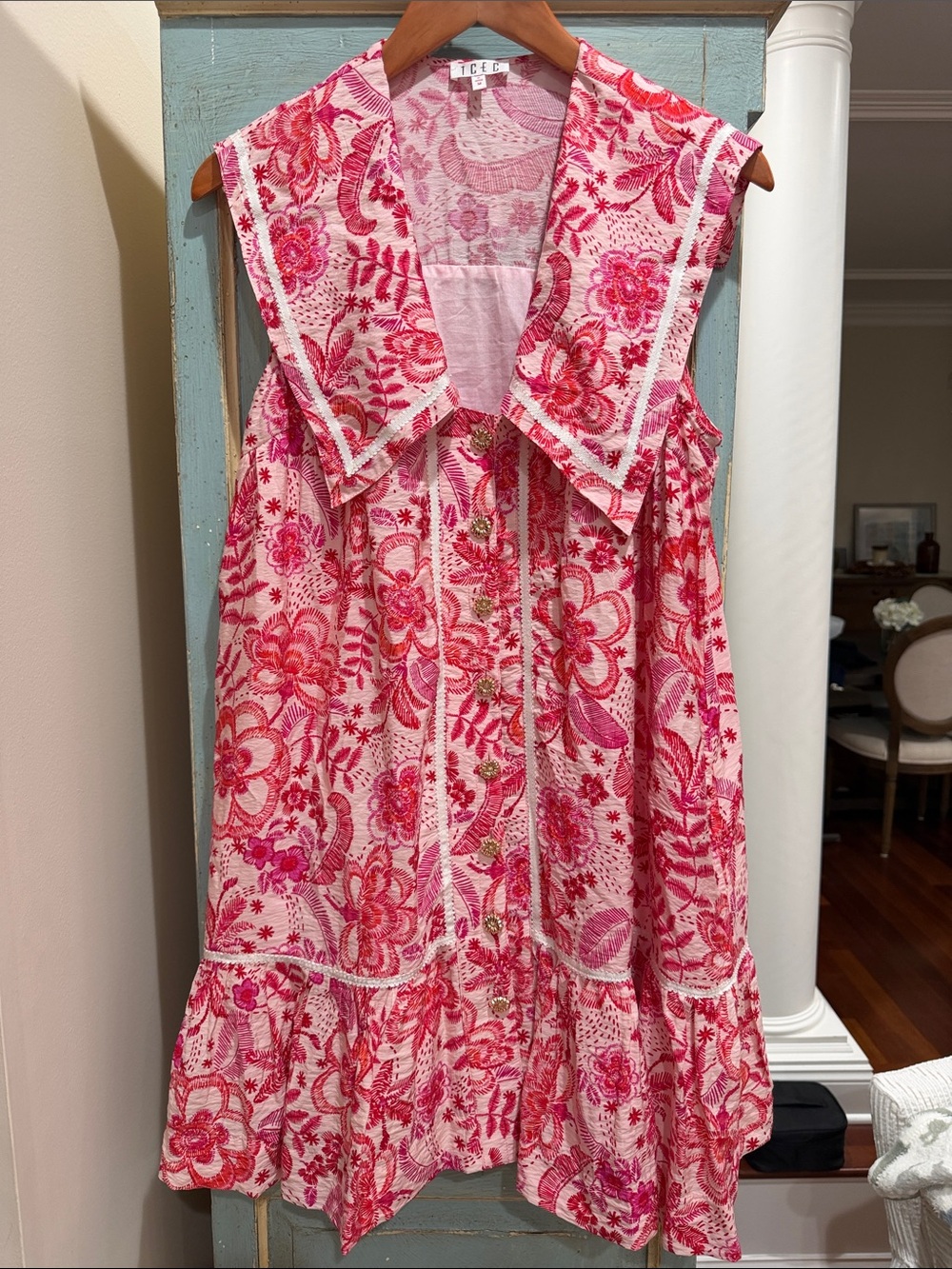 TCEC Floral Sailor Collar Dress Medium Pink Red Drop Waist Flower Button Mini
